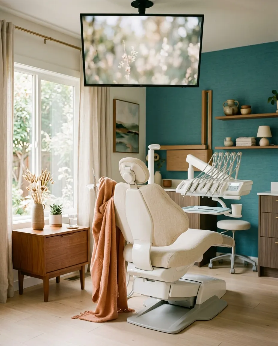 A relaxed dental treatment room with ceiling-mounted screen
